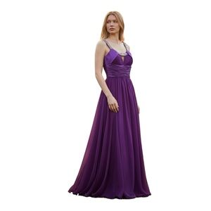Anny Lee XS Purple Beaded Chiffon Prom Gown Formal Evening Dress Rhinestone